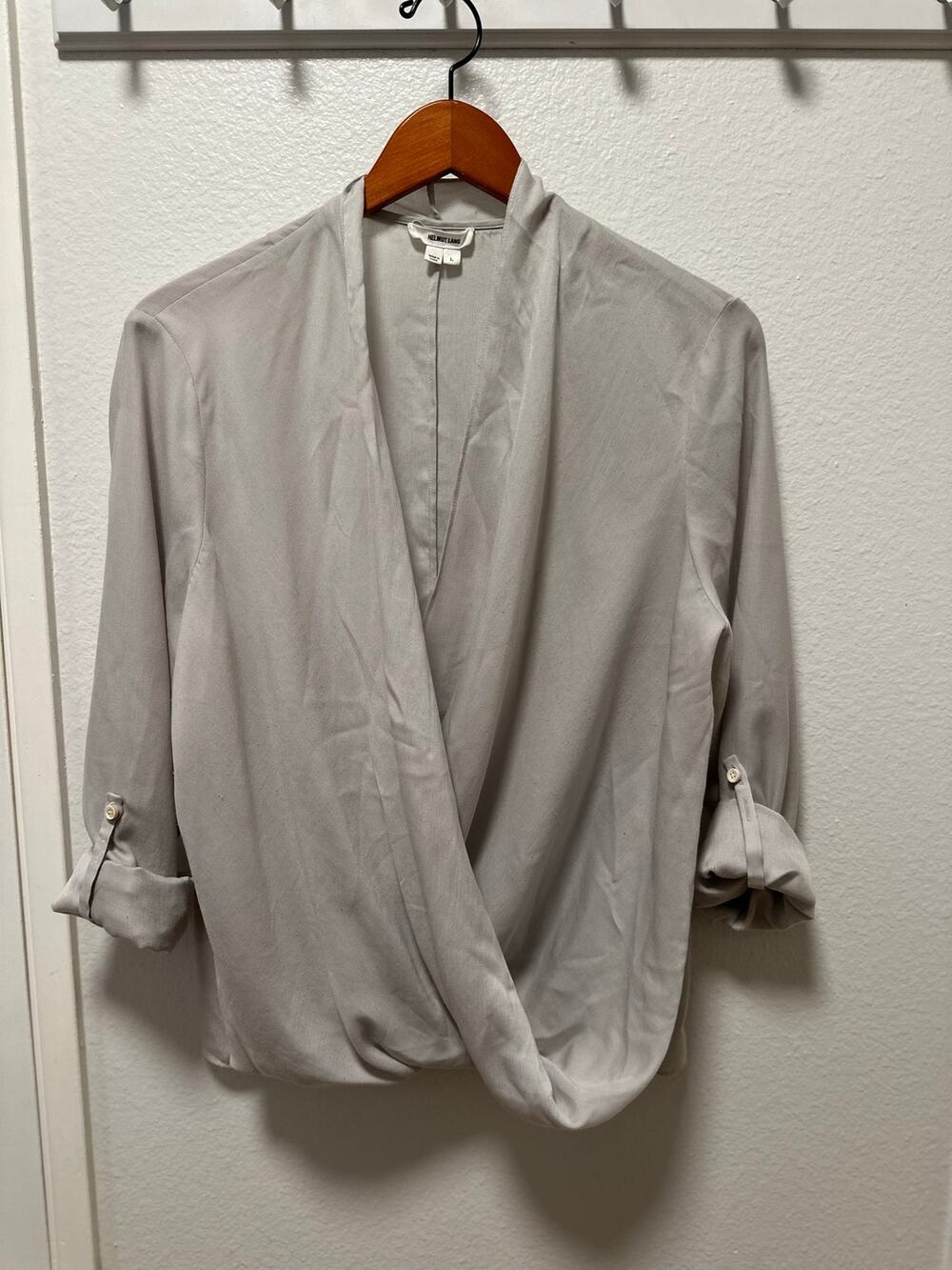 Helmut Lang Wrap Front Blouse in Gray, Size Large